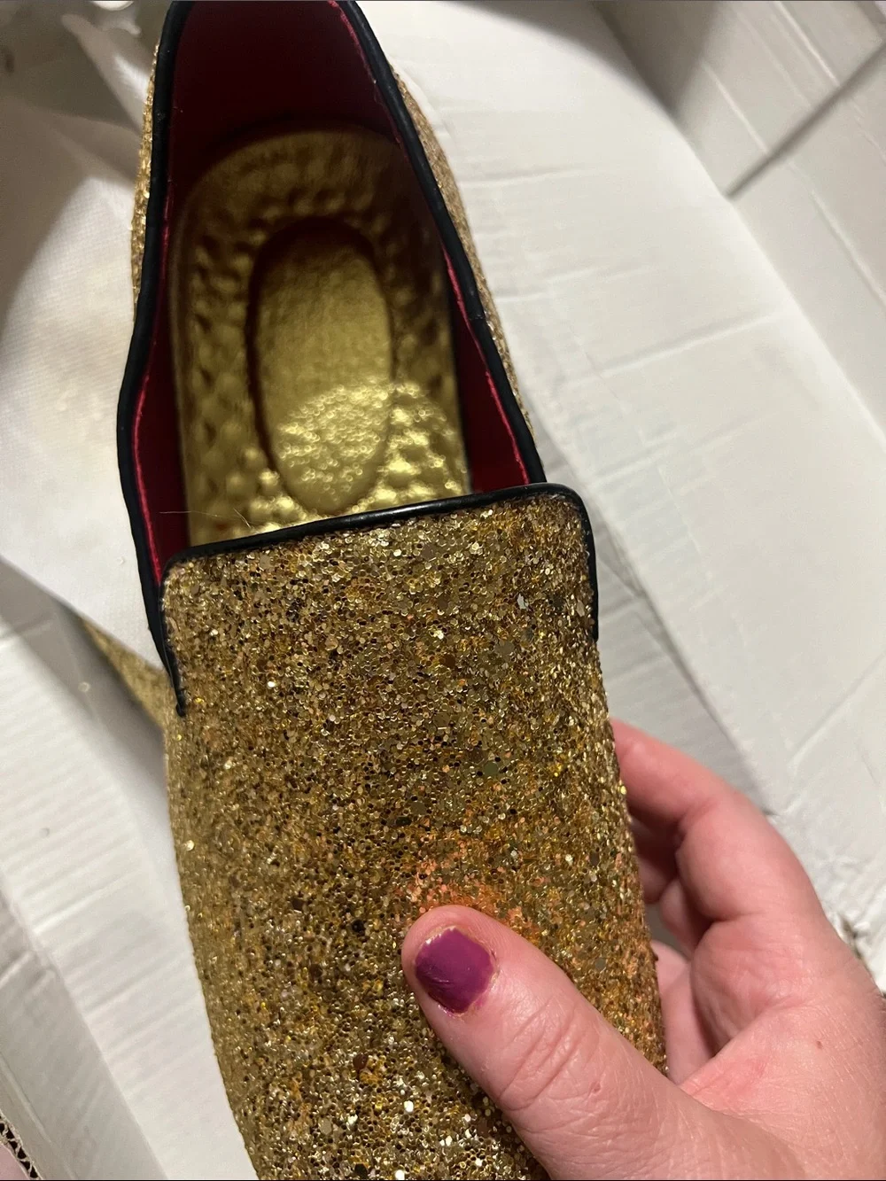 Men's Gold Glitter Slip-On Loafers with Red Lining